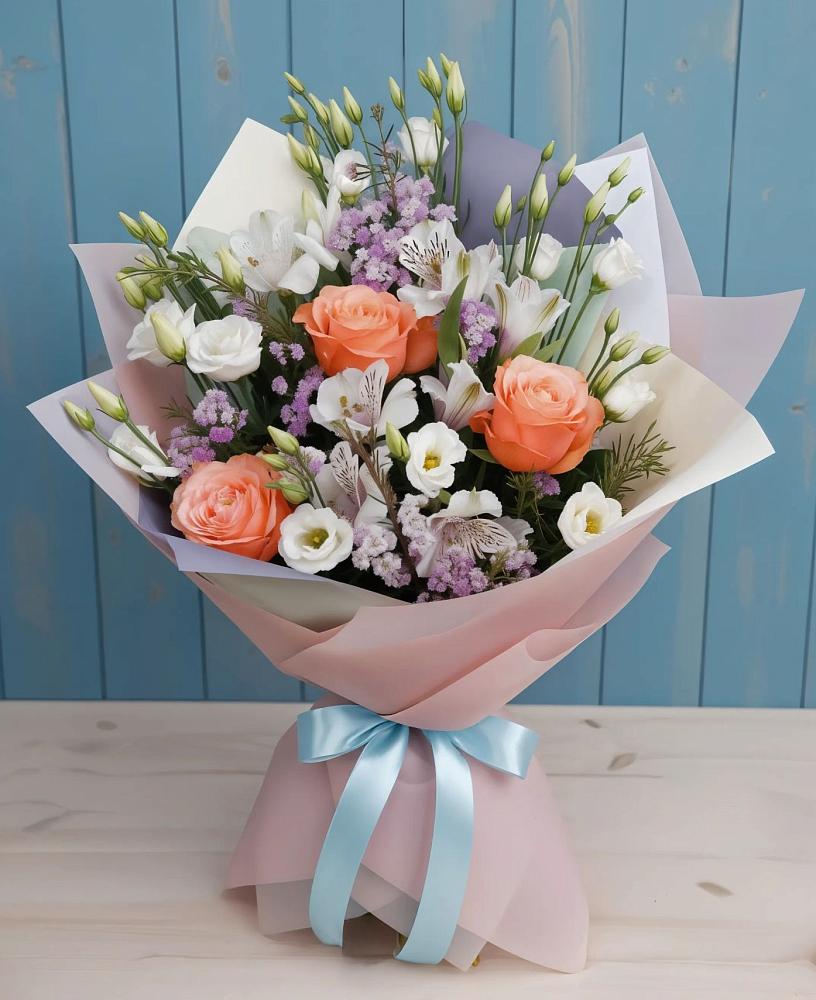 Букет цветов из: Лизиантусы, Розы, Альстромерии и Гипсофила в Вуктыле